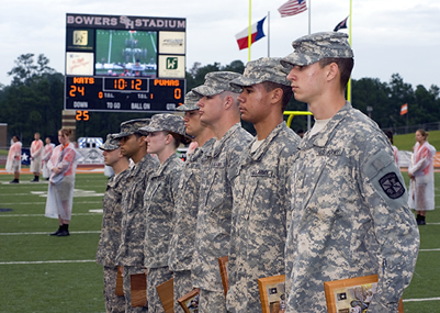 Bearkat Battalion in Bowers Stadium on the field.