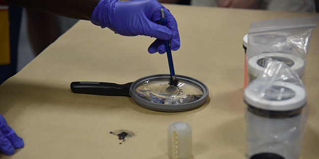 Magnifying glass with tool being used