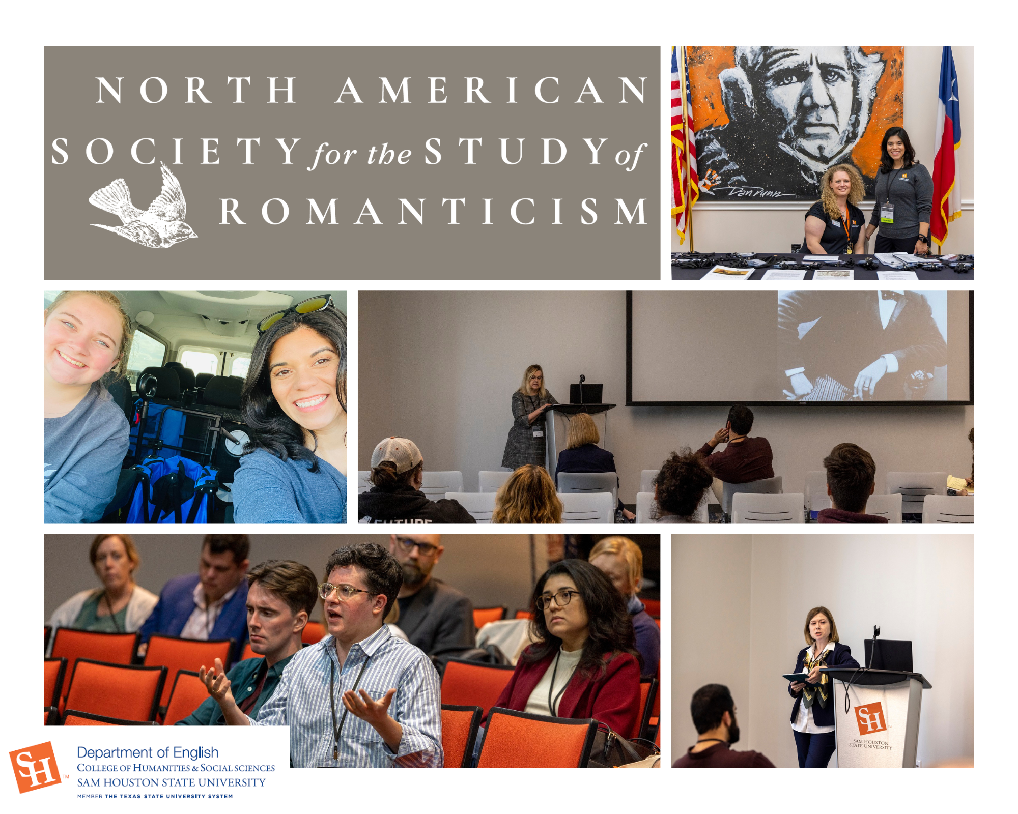 Collage Top right: Brittany Johnson, Deanna Briones. Middle left: Jerin Milam, Deanna Briones. Middle Right: Dr Halmari speaking. Bottom left: Attendee asking questions. Bottom right: Attendee presenting.