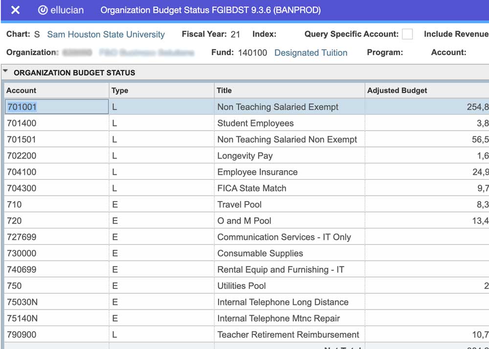 Banner Budget Availability Status screen showing budget by account code