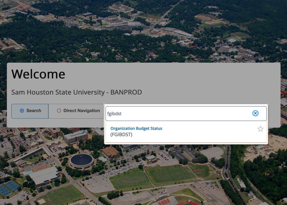 banner search menu with FGIBDSET in search field and dropdown expanded with Organization Budget Status