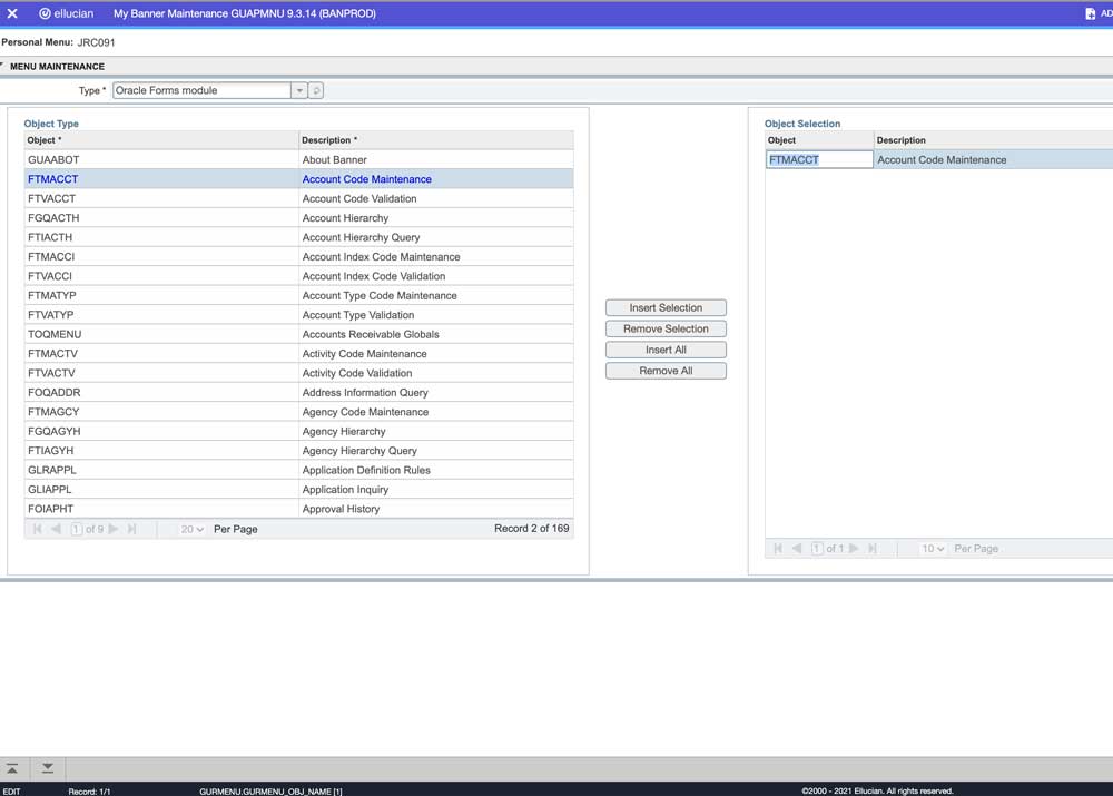 Menu maintenance screen with a list of menu options on the left, controls in the middle and selected options to the right