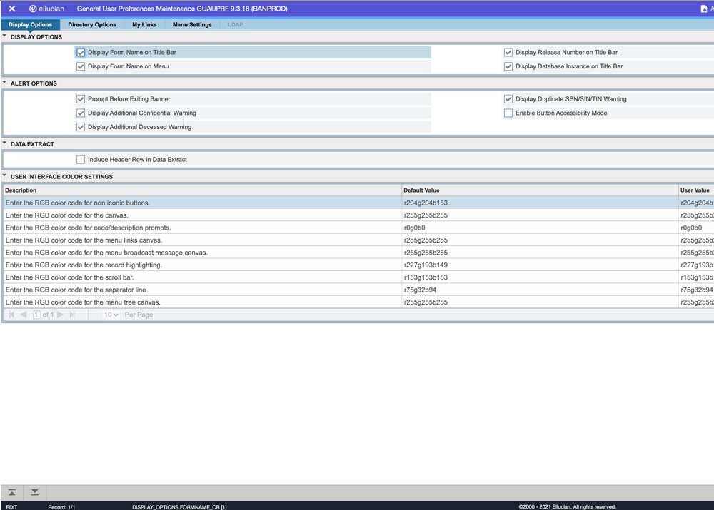 General User Preference screen with display, alert, data extract, and user interface color setting options