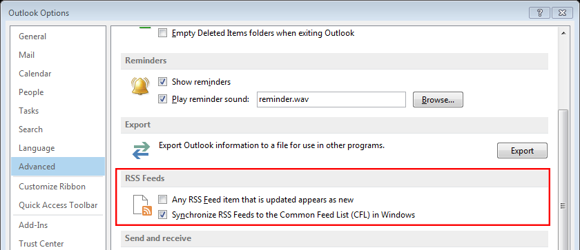 Outlook Advanced Options