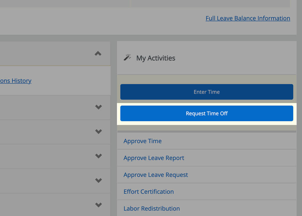 request time off is located under my activities to the right of the screen