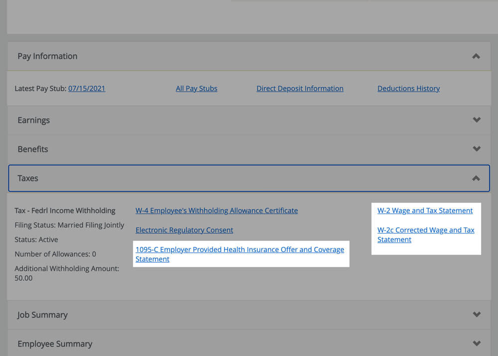 click on the desired document link in the expanded tax section