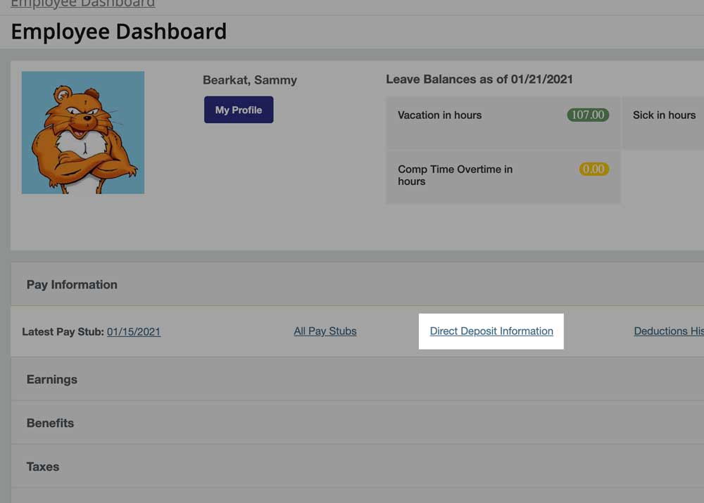 Banner Employee Profile screen featuring Sammy Bearkat. Locate Direct Deposit under Pay Information, second link