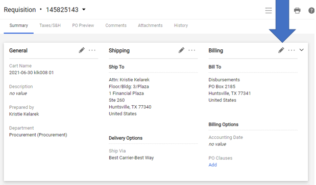 Select pencil icon to the right of Billing in the Requisition screen